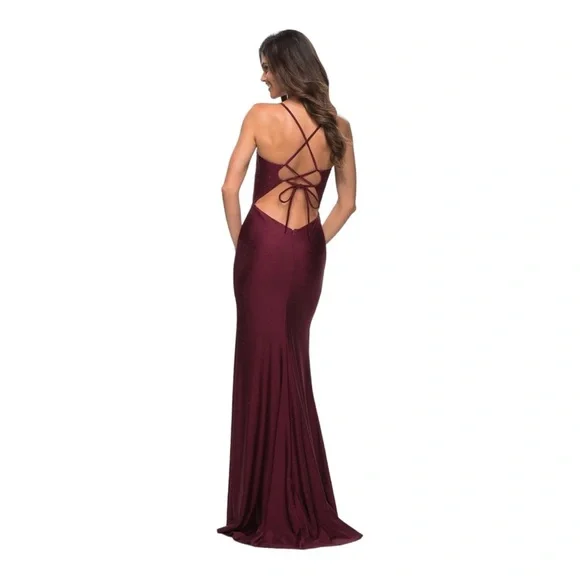 La Femme shinny Jersey Trumpet open Back Front Slit Gown - Picture 2 of 8